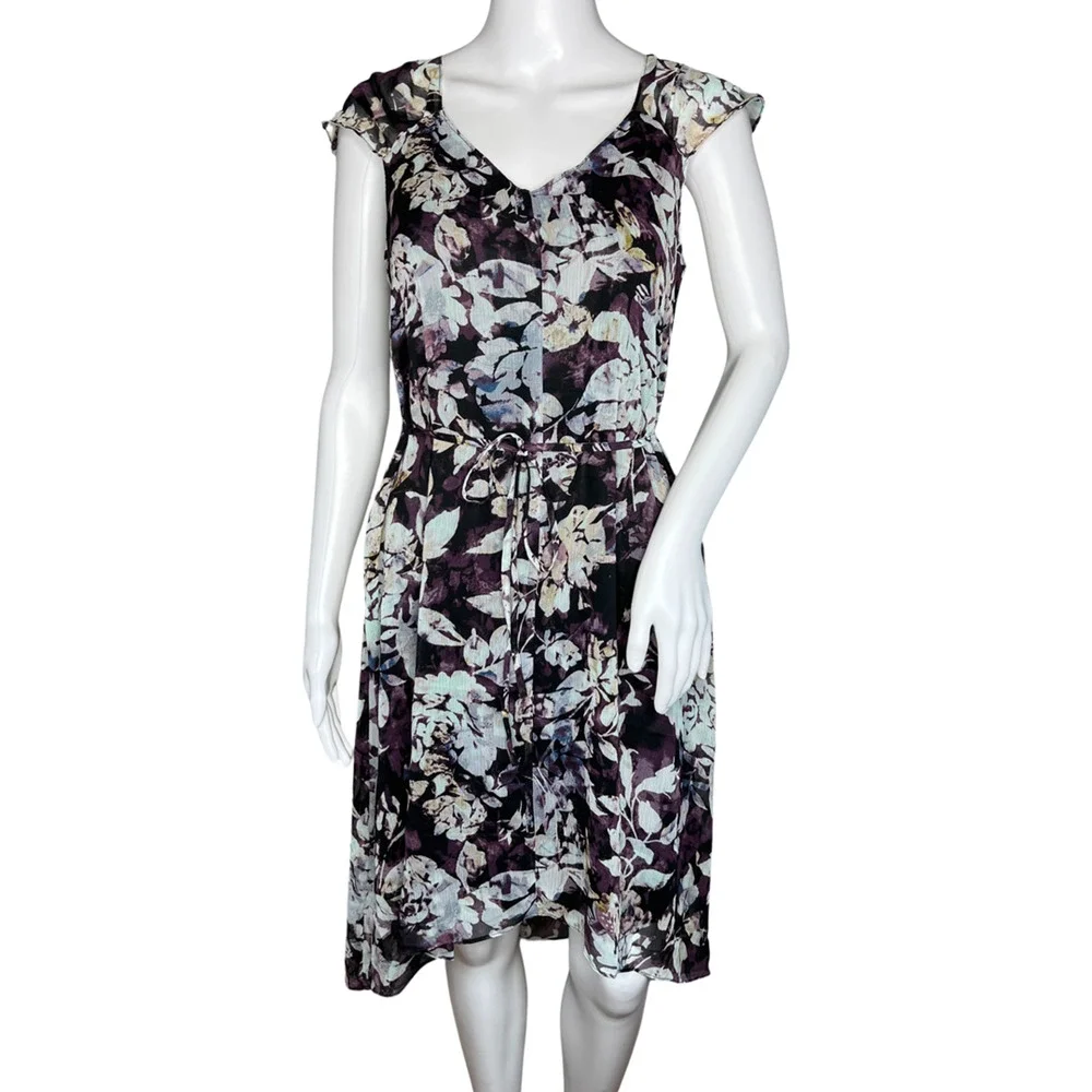 Simply Vera Vera Wang Dress Women Small Black Purple Floral ALine Midi Bloomcore